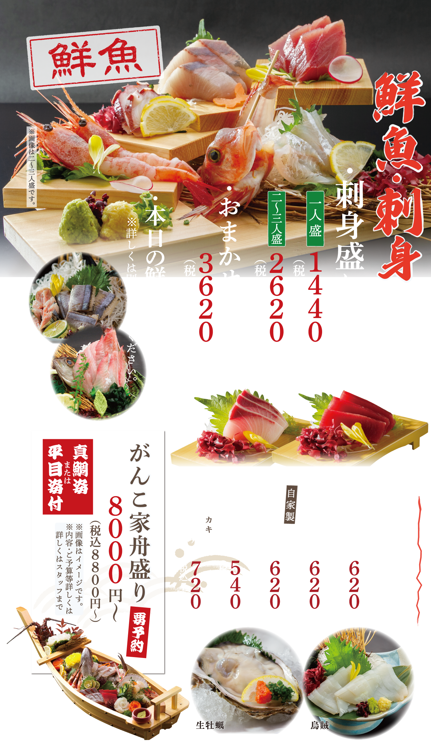 おしながき - 夜のメニュー - 水戸 魚旬 がんこ家 / 魚 魚屋 魚料理 宴会 居酒屋